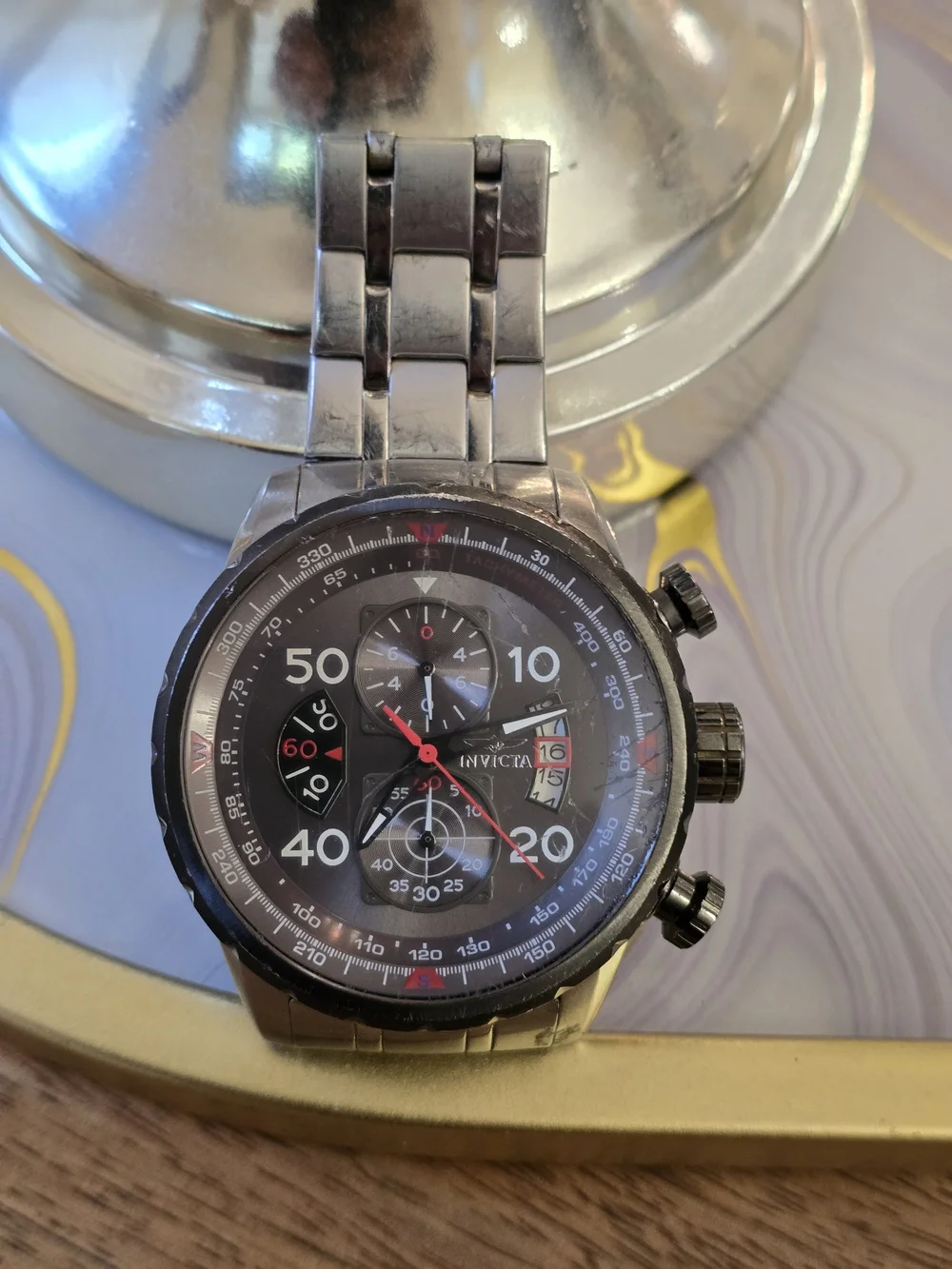 Invicta Men’s Black Chronograph Stainless Steel Watch Crown Damaged